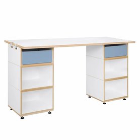 stocubo – Home-Office Schreibtisch, Korpus: Natur/Weiß, Schubladenfarbe: Denimblau