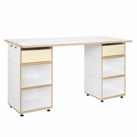 stocubo – Home-Office Schreibtisch, Korpus: Natur/Weiß, Schubladenfarbe: Vanillegelb