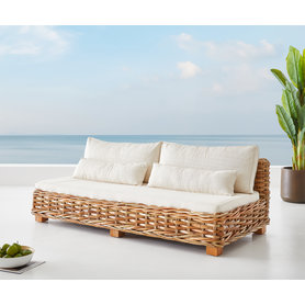 DELIFE Loungesofa Nizza 200x95 cm aus Rattan natur mit Kissen weiß, Loungemöbel