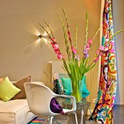Farbenfrohe Vorhänge, Kissen und Teppich