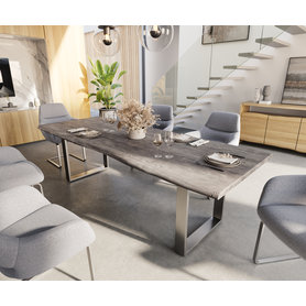 DELIFE Esstisch Edge 260x100 Akazie Platin Edelstahl Schmal Live-Edge, Esstische, Baumkantenmöbel, Massivholzmöbel, Massivholz