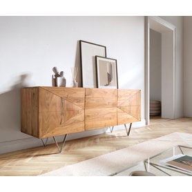 DELIFE Design-Sideboard Wyatt 175 cm 3D Optik mittig Akazie Natur Edelstahl, Sideboards