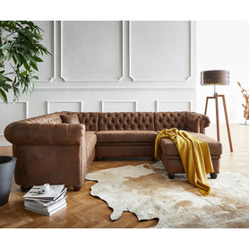 DELIFE Wohnlandschaft Chesterfield 266x200 cm Braun Abgesteppt Ottomane Rechts, Wohnlandschaften