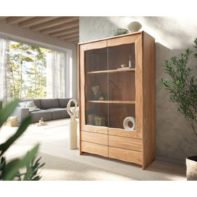 DELIFE Vitrine Live-Edge 120x190 cm Akazie Natur 2 Türen 4 Schubladen Massiv, Vitrinen, Baumkantenmöbel, Massivholzmöbel, Massivholz