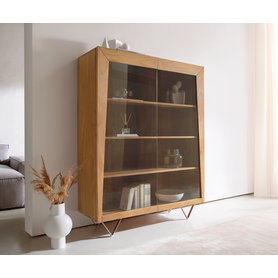 DELIFE Highboard Kayu 115x150 cm Akazie Natur Vitrine 2 Türen V-Fuß, Vitrinen