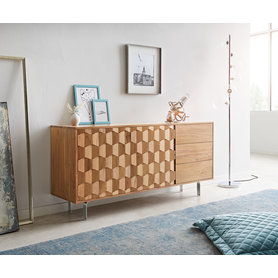 DELIFE Sideboard Fevo 145 cm Akazie Natur 2 Türen 3 Schubfächer L-Fuß, Sideboards