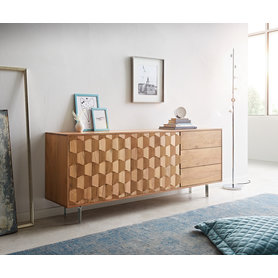 DELIFE Sideboard Fevo 175 cm Akazie Natur 2 Türen 3 Schubfächer L-Fuß, Sideboards