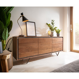 DELIFE Sideboard Stonegrace 175 cm Akazie Braun Steinfurnier 2 Türen 3 Schubladen V-Fuß Schwarz, Sideboards