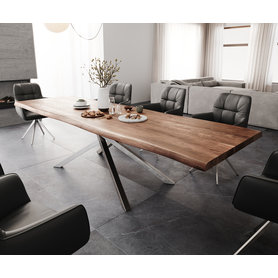 DELIFE Esstisch Edge 300x100 XL Akazie Braun Kreuzgestell Rechteck Edelstahl Live-Edge, Esstische, Baumkantenmöbel, Massivholzmöbel, Massivholz
