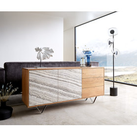 DELIFE Sideboard Kleo 147 cm Akazie Natur 2 Türen 3 Schübe V-Fuß Edelstahl, Sideboards