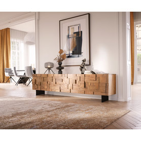 DELIFE Lowboard Puzzle 220 cm Akazie Natur 4 Türen Fuß schwebend Metall Schwarz, Lowboards