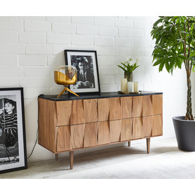 DELIFE Sideboard Shia 145 cm Akazie Natur Marmor Schwarz 3 Türen 6 Fächer, Sideboards