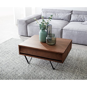 DELIFE Couchtisch Eloi 80x60 cm Akazie Braun 2 Schubfächer V-Fuß Schwarz, Couchtische