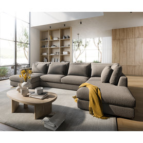 DELIFE Wohnlandschaft Isla 430x225 cm Bouclé Schlamm Ottomane rechts, Wohnlandschaften