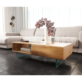 DELIFE Couchtisch New Live-Edge 115x60 cm Akazie Natur 2 Schubladen 1 Fach Glasfuß schwebend, Couchtische, Baumkantenmöbel, Massivholzmöbel, Massivholz