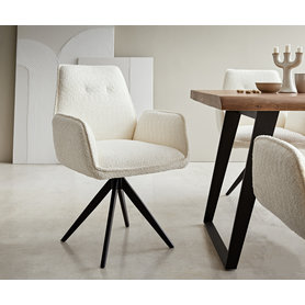 DELIFE Drehstuhl Zoa-Flex Bouclé Weiß Kreuzgestell kantig Schwarz 180° drehbar, Esszimmerstühle