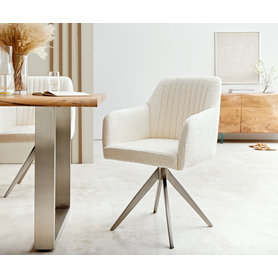 DELIFE Drehstuhl Greg-Flex Bouclé Weiß Kreuzgestell kantig Edelstahl 180° drehbar, Esszimmerstühle