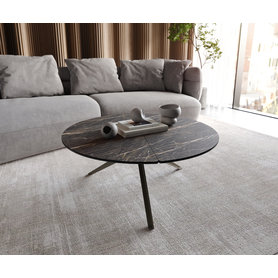 DELIFE Couchtisch Delron 90x90 cm Keramik Laminam®Noir Desir Braun Kreuzfuß Flach Metall Effektfinish Titan, Couchtische