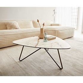 DELIFE Couchtisch Ekrem 88x85 cm Keramik Calacatta Luxe Weiß-Gold-Grau Hairpin rund Metall Effektfinish Titan, Couchtische