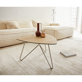 DELIFE Couchtisch Ekrem 65x65 cm Keramik Laminam® Sabbia Eichefarbig Hairpin rund Edelstahl, Couchtische