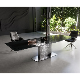 DELIFE Esstisch Edge 200-300x100 Reliefglas Rauchschwarz 3D-Design Wave Edelstahl ausziehbar, Esstische