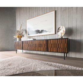 DELIFE Lowboard Kallam 200 cm Sheesham Walnuß Mango Schwarz Metall Schwarz 4 Türen, Fernsehtische