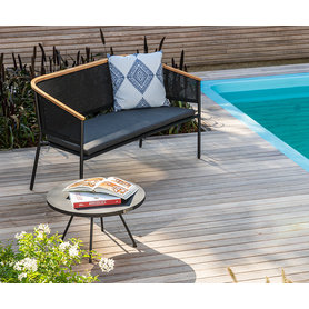 Oasiq Riad Design Gartensofa Loungesofa 2-Sitzer wetterfest Aluminium Metall Teak Holz Anthrazit Garten Veranda Outdoor Balkon Terrasse Sitzkissen