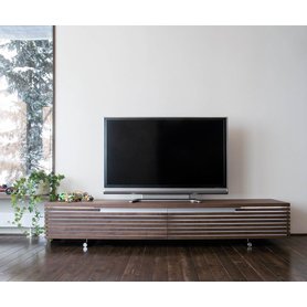 Conde House Tosai Design TV Lowboard mit LED Beleuchtung Massivholz Nussbaum Walnuss furniert 182 228 cm Breite Hifi Möbel Edelstahl Aluminium Holz