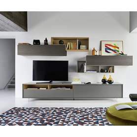 Livitalia italienisches Design Wohnwand C21 TV Lowboard mit offenen Fächern offene Hängeschränke Eichenfurnier Grau Matt lackiert 370 cm breit modern
