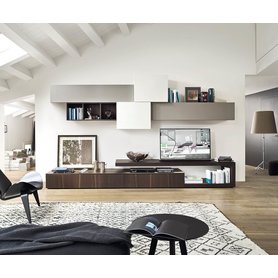 Livitalia Design Wohnwand C31 mit schwebendem TV Lowboard Hängeschränken Eichenfurnier matte Lackierungen Weiß Schiefergrau 330 cm breit modern