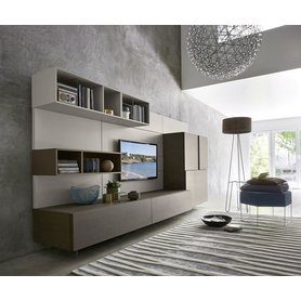 Livitalia Design Wohnwand C34 mit TV Wand Paneel Highboard gebeizte Eiche furniert Lehmfarbe Grau Matt lackiert 345 cm breit Kabelverlegung Italien