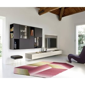 Livitalia Design Wohnwand C39 TV Wand Paneel Lowboard in Betonoptik Glasvitrine mit LED Beleuchtung 390 cm breit Qualität Italien schwebend modern