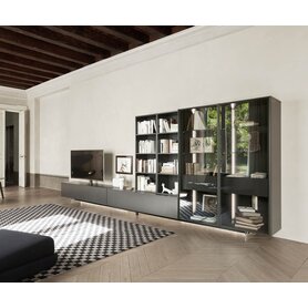 Livitalia Design Wohnwand C43 mit Glasvitrine LED Beleuchtung Lowboard mit integrierter TV Halterung für Curved TV 420 cm breit Qualität Braun Matt