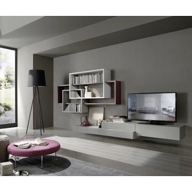 Livitalia Designer Wohnwand C59 mit hängendem Lowboard Bücherregal schwebend modern Grau Schiefergrau Weiß 360 cm breit Klapptüren Fernseher