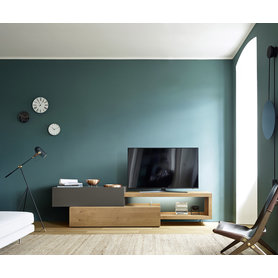 Livitalia Design TV Wohnwand C32 Klapptür Schubladen B 255 cm Eiche Hell Dunkelgrau Grau Matt für 60 Zoll Fernseher kleines Wohnzimmer