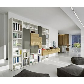 Livitalia Design Bücherwand Wohnzimmer Bücherregal C53 Weiss Grau Matt Holz Eiche Hell B 423 H 211 T 33/47 cm Regal Bücher Hängeboard Italien Qualität