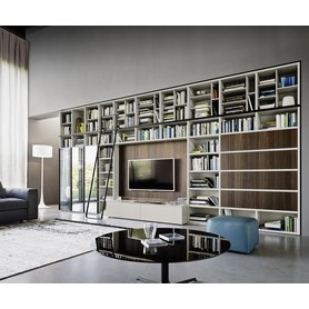 Livitalia Design Bücherregal mit Leiter Wohnzimmer C60 Holz Eiche Braun 5m B 543 H 259 T 33/55 cm Regal Bücher Glastüren Glasvitrine Italien Qualität