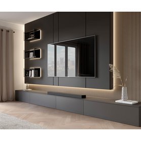 Moderne Design Wohnwand mit großem TV Paneel und LED Beleuchtung TV Lowboard Hängeschränke Matt Grau