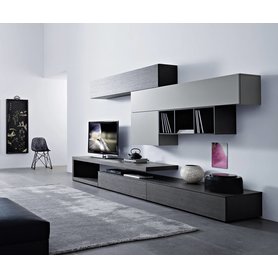 Moderne Design Wohnwand mit Carbone Eiche C99 schwebendes TV Lowboard Hängeschränke Eiche Grau Matt 330 cm breit Italien optionale LED Beleuchtung