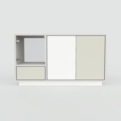 Vitrine Weiß - Moderne Glasvitrine: Schubladen in Taupe & Türen in Kristallglas klar - Hochwertige Materialien - 115 x 66 x 53 cm, konfigurierbar