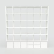 Bibliotheksregal Weiß - Modernes Regal für Bibliothek: Schubladen in Weiß & Türen in Weiß - 233 x 232 x 34 cm, konfigurierbar